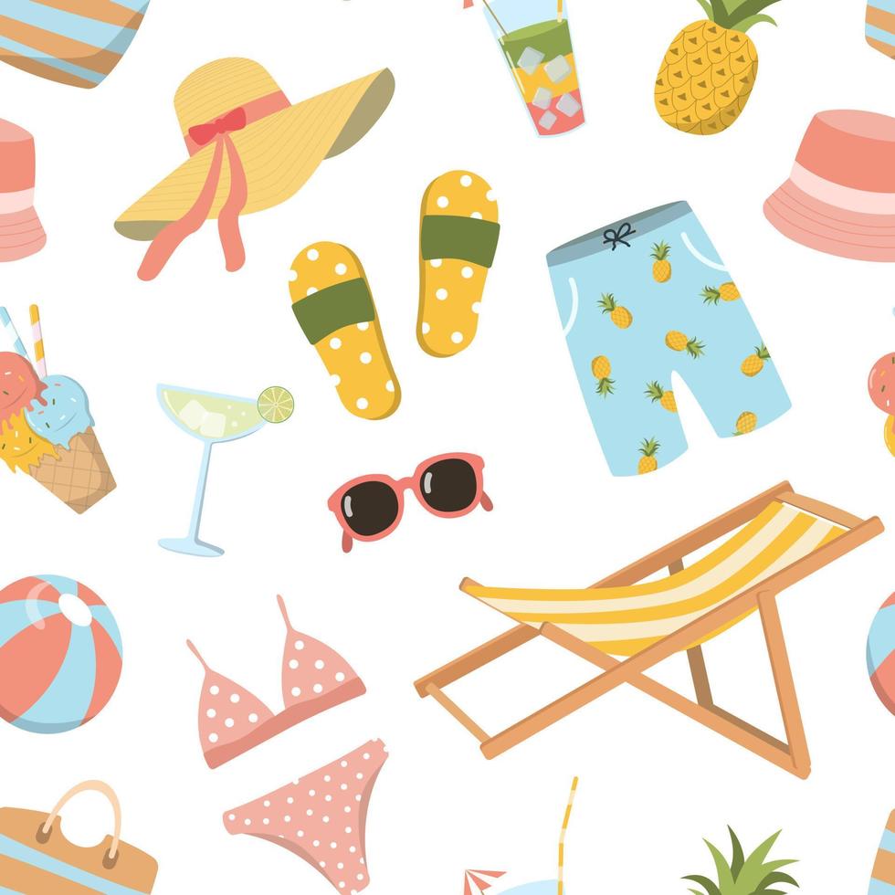 Cartoon colorful summer resort elements seamless pattern. Chair, hat, cocktails, clothes. Great for wallpaper, textile, print. Isolated on white background. vector