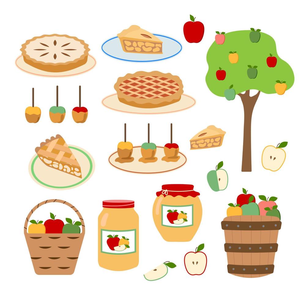 conjunto de ilustraciones de manzana vectorial de otoño. manzanas, árbol, manzana en canasta, dulces, pasteles, mermelada, mermelada, pasteles y rebanadas de pastel de manzana. aislado sobre fondo blanco. genial para tarjetas, invitación, fiesta de la cosecha. vector