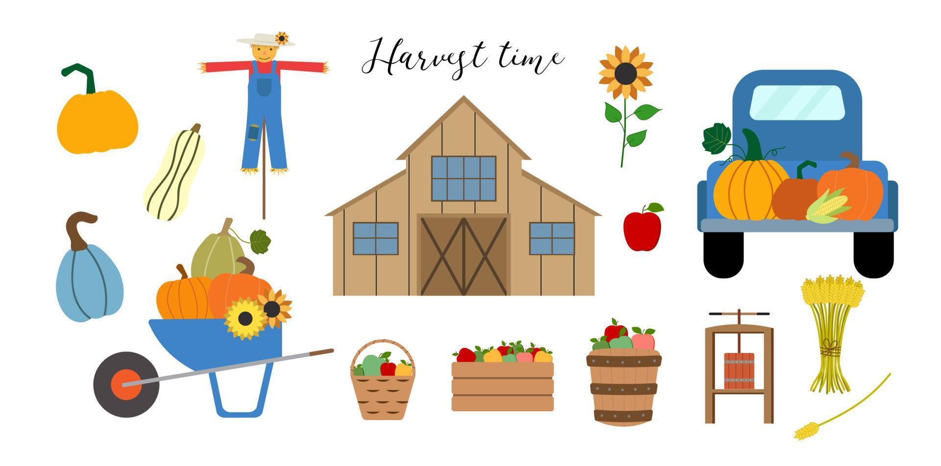 Autumn vector clipart with old wood barn, blue truck, scarecrow, wheelbarrow, pumpkins, apples in baskets and crate, cider press, sunflower isolated on white background.