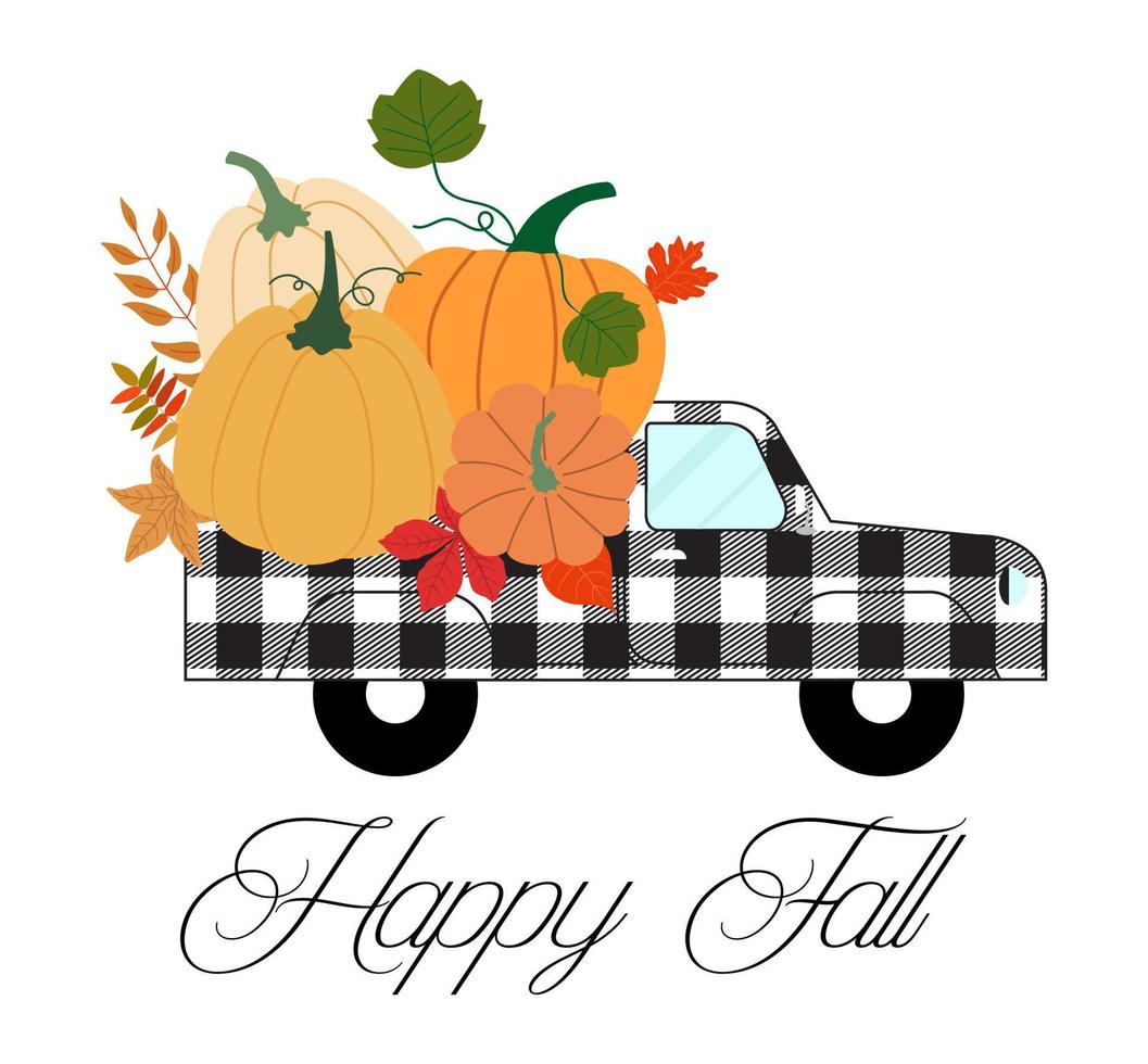 Buffalo plaid truck with pumpkins. Vector illustration. Isolated on white background. Happy Thanksgiving, harvest season.