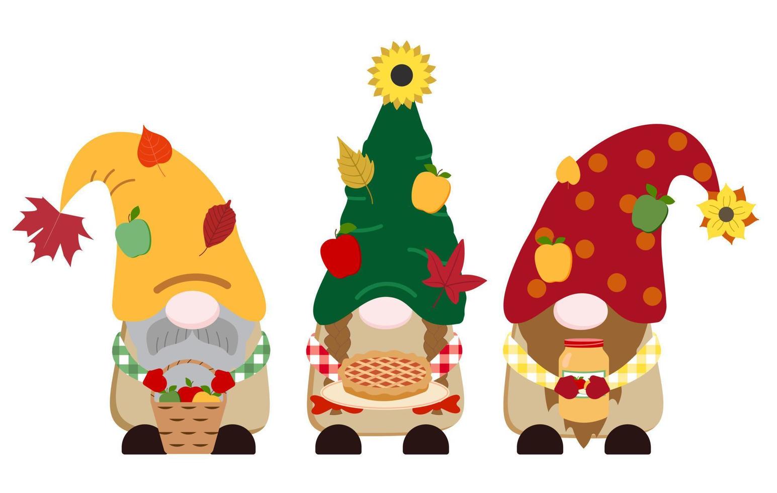 linda ilustración de gnomos vectoriales de otoño con canasta de manzana, tarta de manzana en plato, mermelada de manzana en frasco de vidrio, manzanas, hojas. aislado sobre fondo blanco. vector