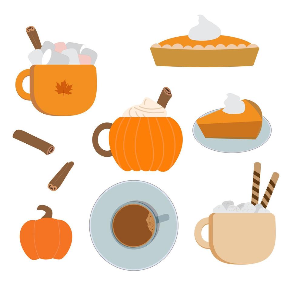 Fall vector flat pumpkin spice latte set. Pumpkin pie with cream, coffee latte mugs, light blue cofee cup, orange pumpkin, cinnamon sticks on white background. Cozy autumn mood illustration.