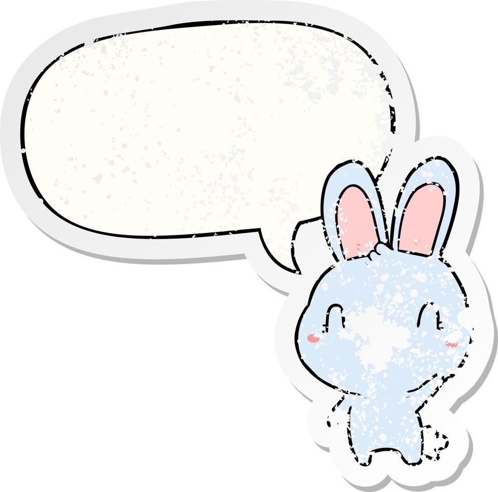 cute cartoon rabbit waving and speech bubble distressed sticker vector