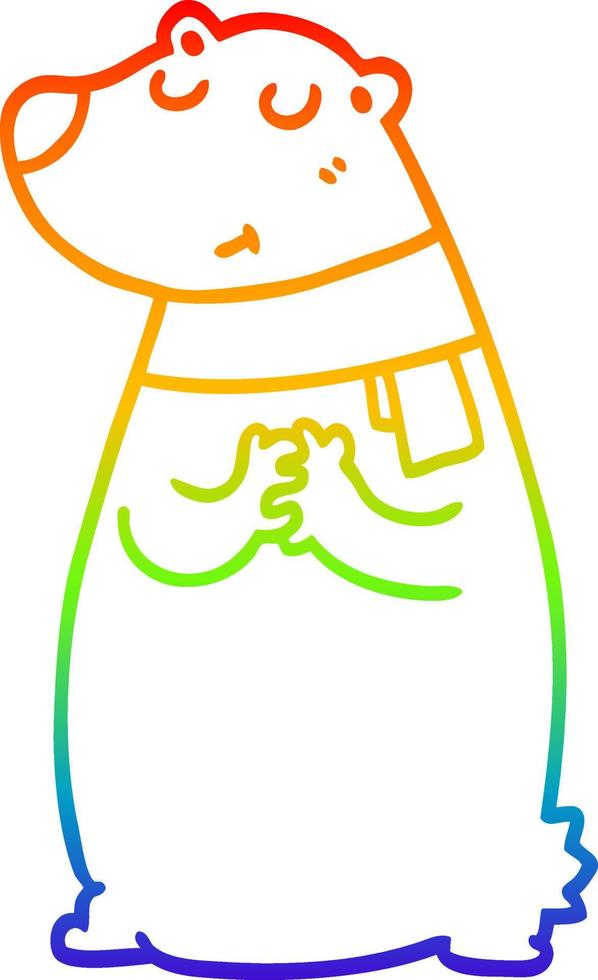 rainbow gradient line drawing cartoon bear wearing scarf vector