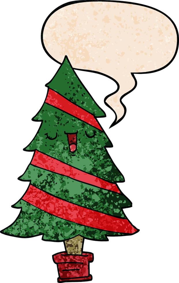 árbol de navidad de dibujos animados y burbuja del habla en estilo de textura retro vector