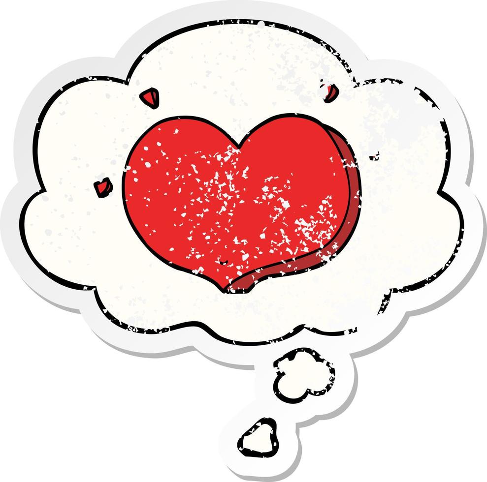 cartoon love heart and thought bubble as a distressed worn sticker vector