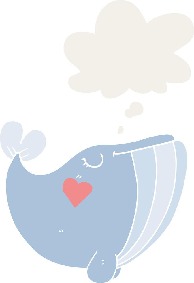 cartoon whale with love heart and thought bubble in retro style vector