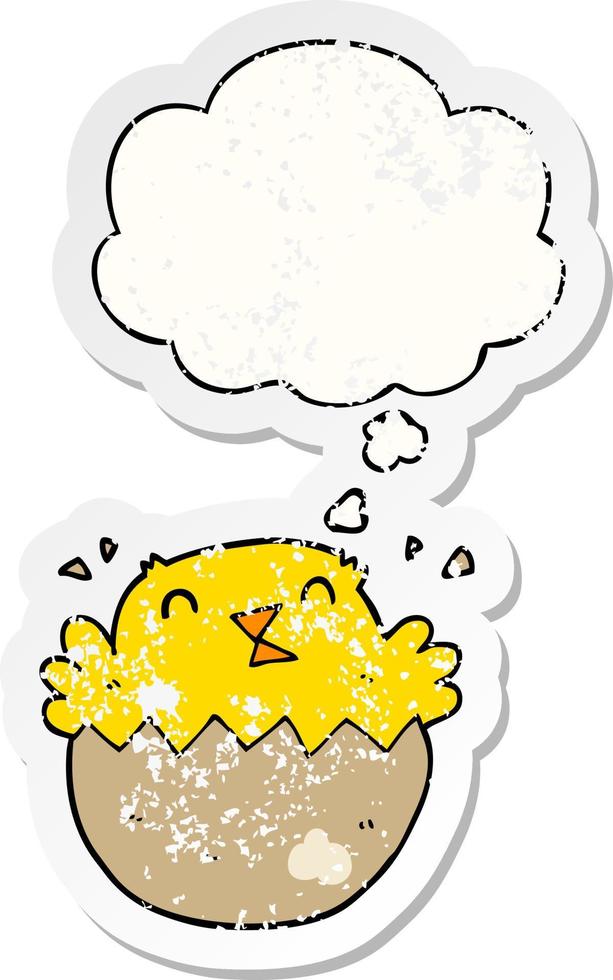 cartoon hatching chick and thought bubble as a distressed worn sticker vector