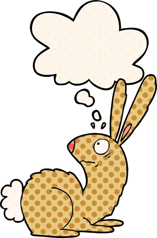 cartoon startled bunny rabbit and thought bubble in comic book style vector