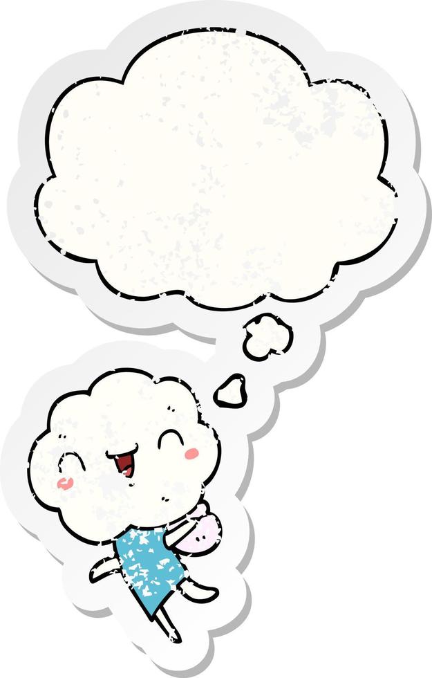 cute cartoon cloud head creature and thought bubble as a distressed worn sticker vector
