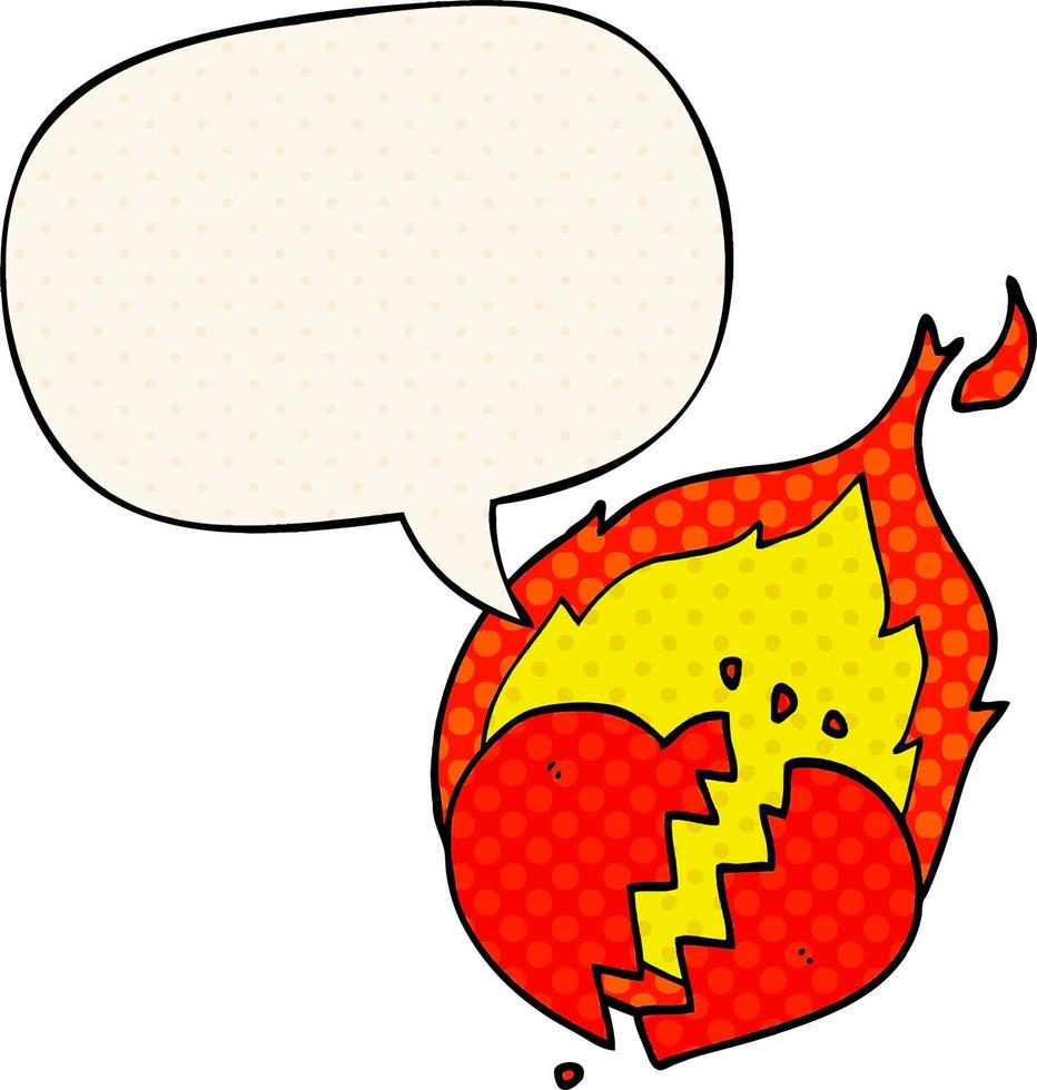 cartoon flaming heart and speech bubble in comic book style vector
