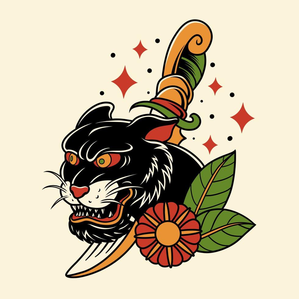 tigre negro en tatuaje tradicional vector