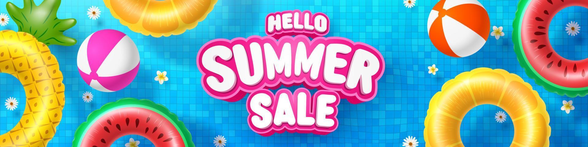 Summer Sale poster and banner template with Colorful Float on water in the tiled pool Background. Sale banner Design for Summer in flat lay styling. Promotion and shopping template for Summer and pool vector