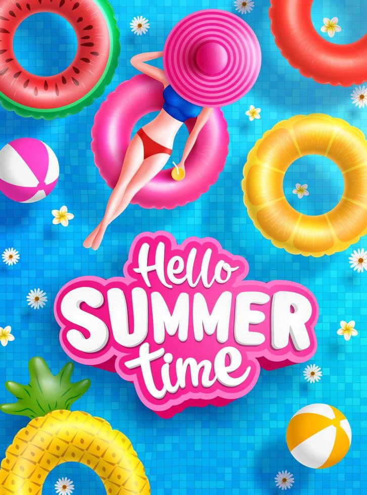 Summer Sale poster and banner template with Women on round pool floats in the tiled pool Background. Sale banner Design for Summer in flat lay styling. Promotion and shopping template for Summer vector