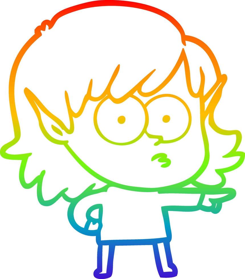 rainbow gradient line drawing cartoon elf girl pointing vector