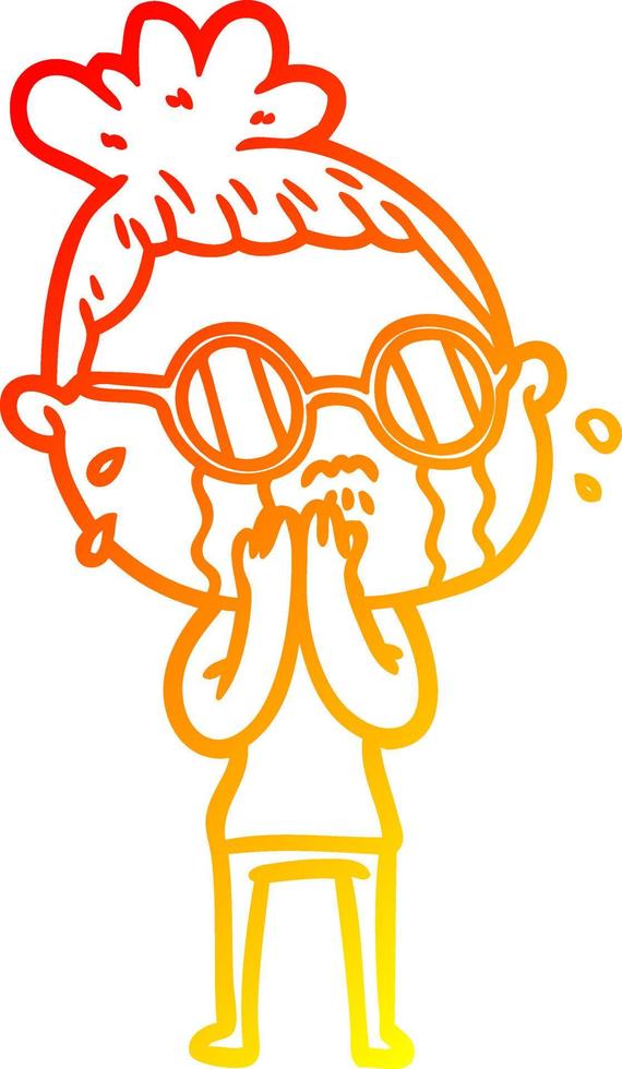 warm gradient line drawing cartoon crying woman wearing spectacles vector
