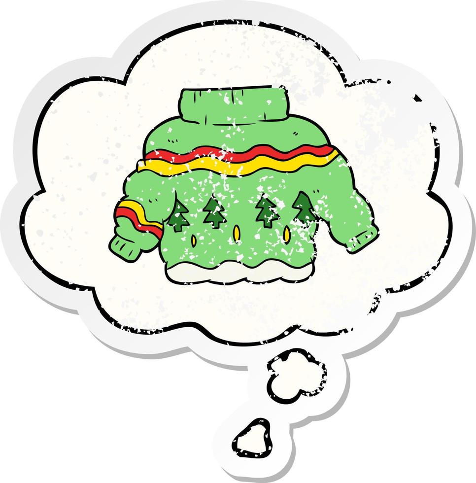 cartoon christmas jumper and thought bubble as a distressed worn sticker vector
