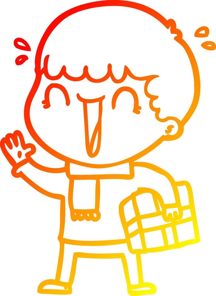 warm gradient line drawing laughing cartoon man with present vector