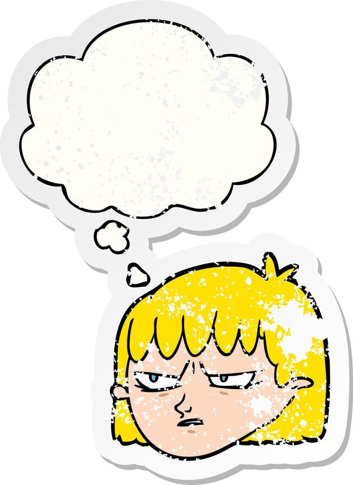 cartoon angry woman and thought bubble as a distressed worn sticker vector