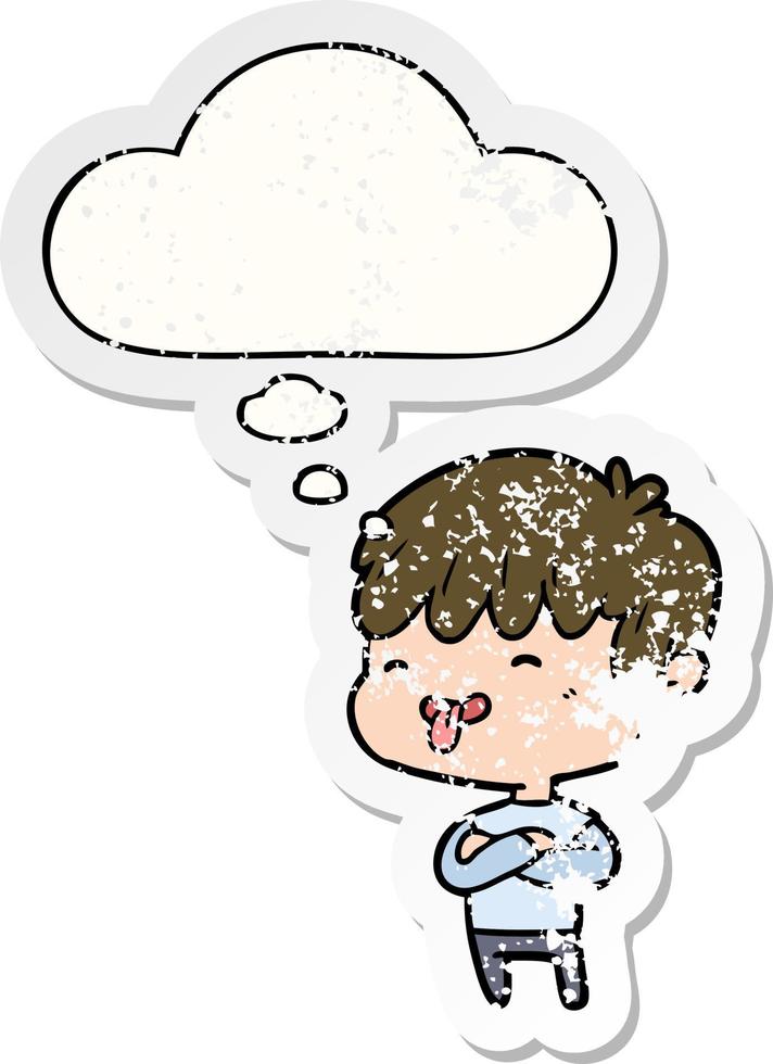 cartoon boy sticking out tongue and thought bubble as a distressed worn sticker vector