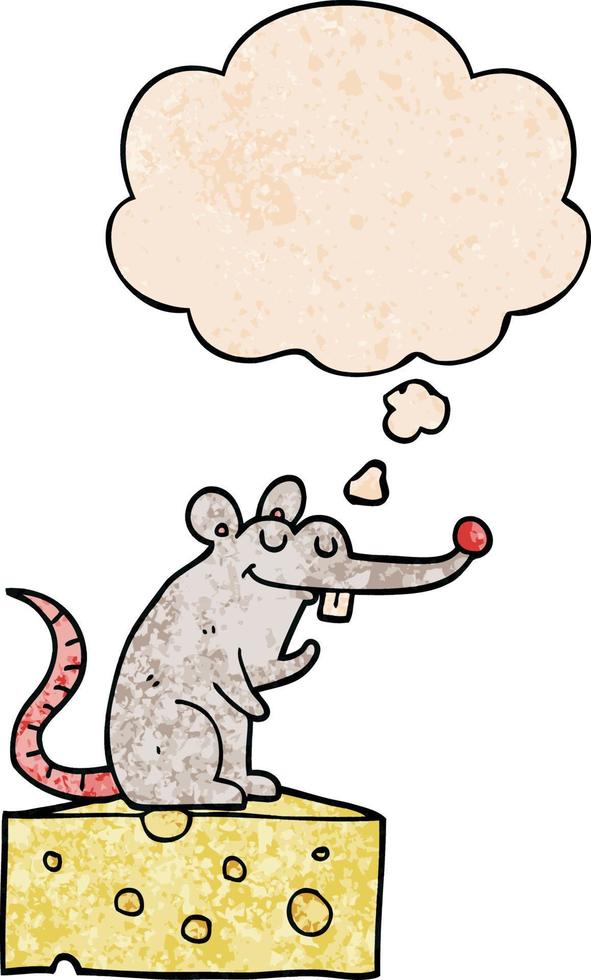 cartoon mouse sitting on cheese and thought bubble in grunge texture pattern style vector