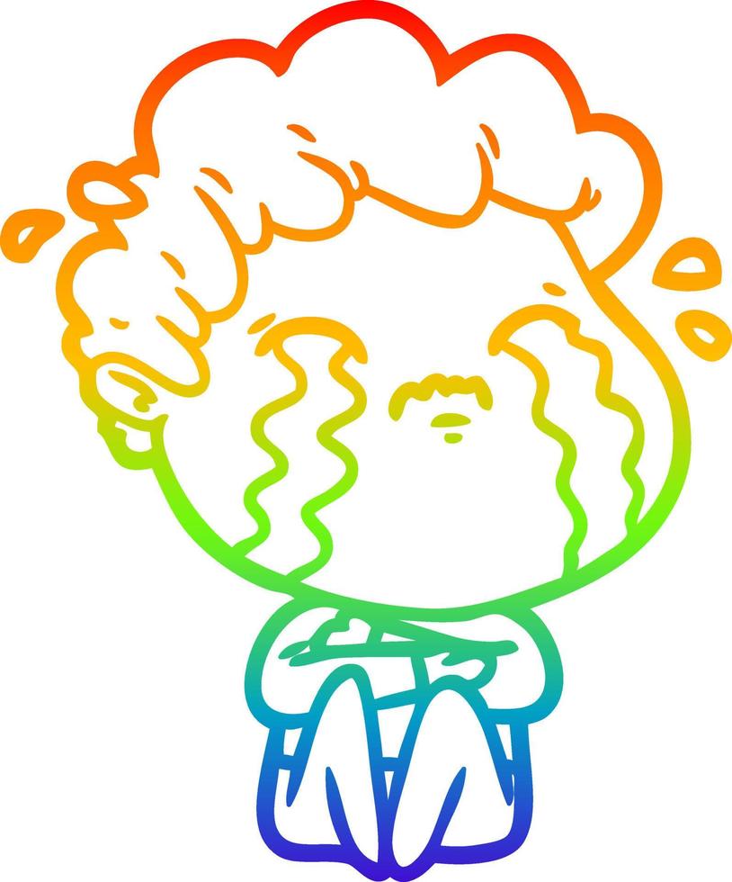 dibujo de línea de gradiente de arco iris hombre de dibujos animados llorando vector