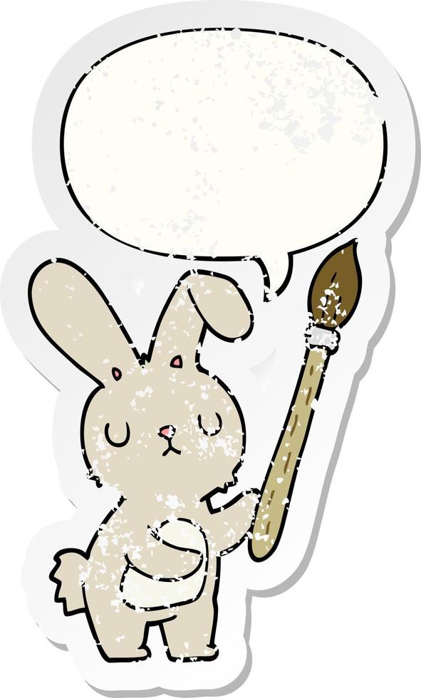 cartoon rabbit and paint brush and speech bubble distressed sticker vector