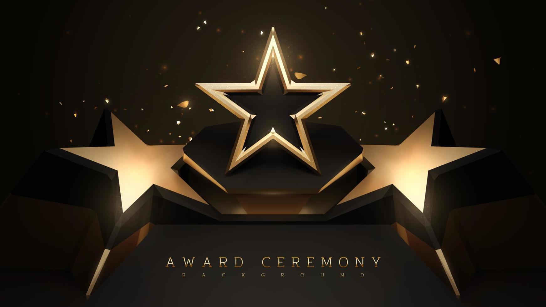 Award ceremony background with podium and 3d gold star element and glitter light effect decoration. vector