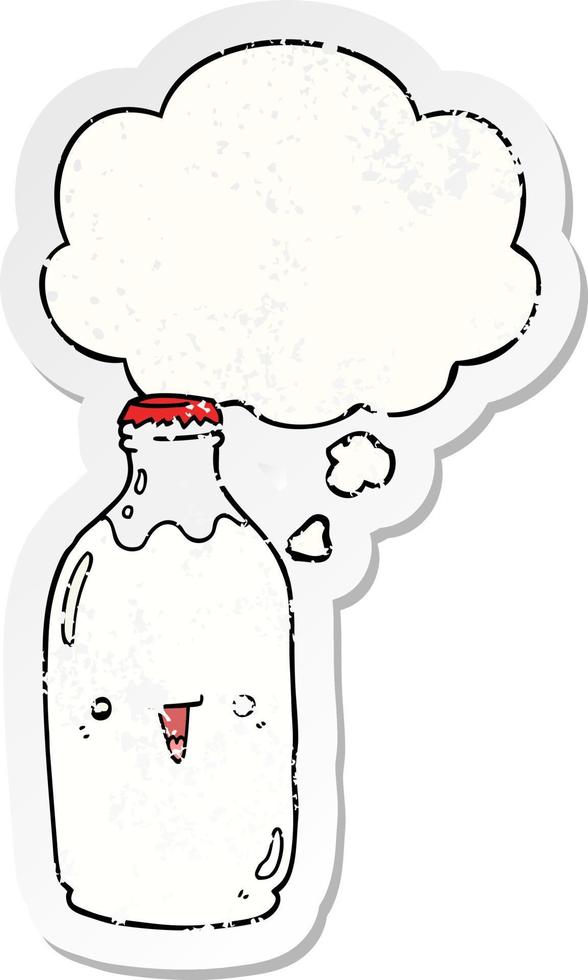 cute cartoon milk bottle and thought bubble as a distressed worn sticker vector