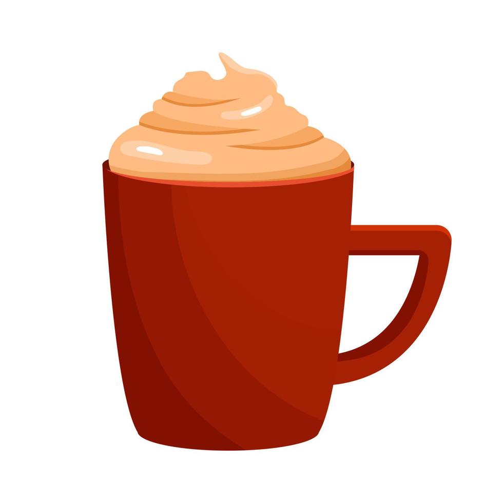 Cartoon illustration of a coffee drink with cream in a red cup. Vector element of hot latte, cappuccino or hot chocolate isolated on a white background for winter or autumn design.