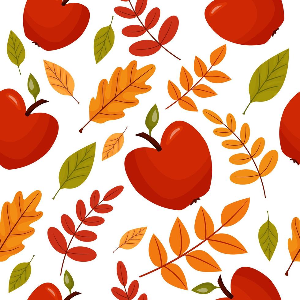 Cartoon seamless autumn pattern with leaves and apples. Beautiful texture for textile, paper print, scrapbooking or wallpaper. Vector illustration.