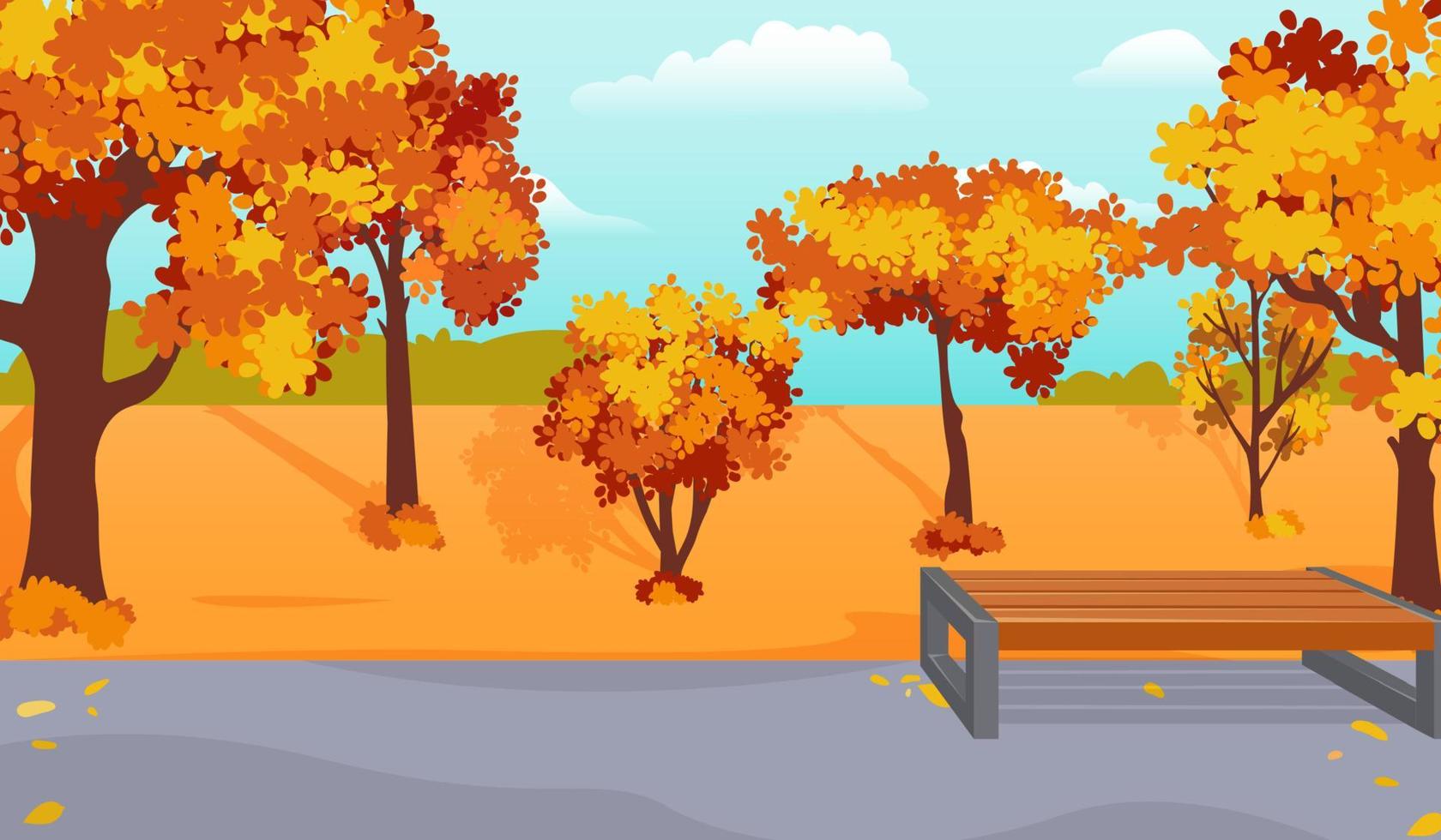 Cartoon autumn landscape in the park with a bench. Colorful vector illustration for banners, postcards and other fall designs.