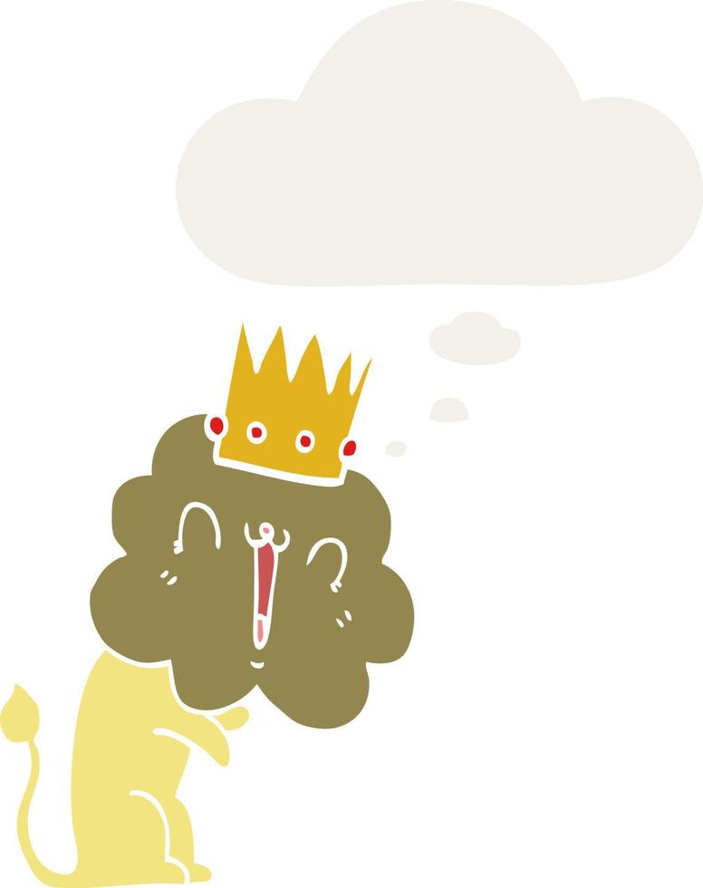 león de dibujos animados con corona y burbuja de pensamiento en estilo retro vector