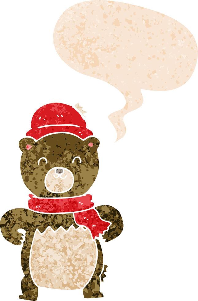 cute cartoon bear and speech bubble in retro textured style vector