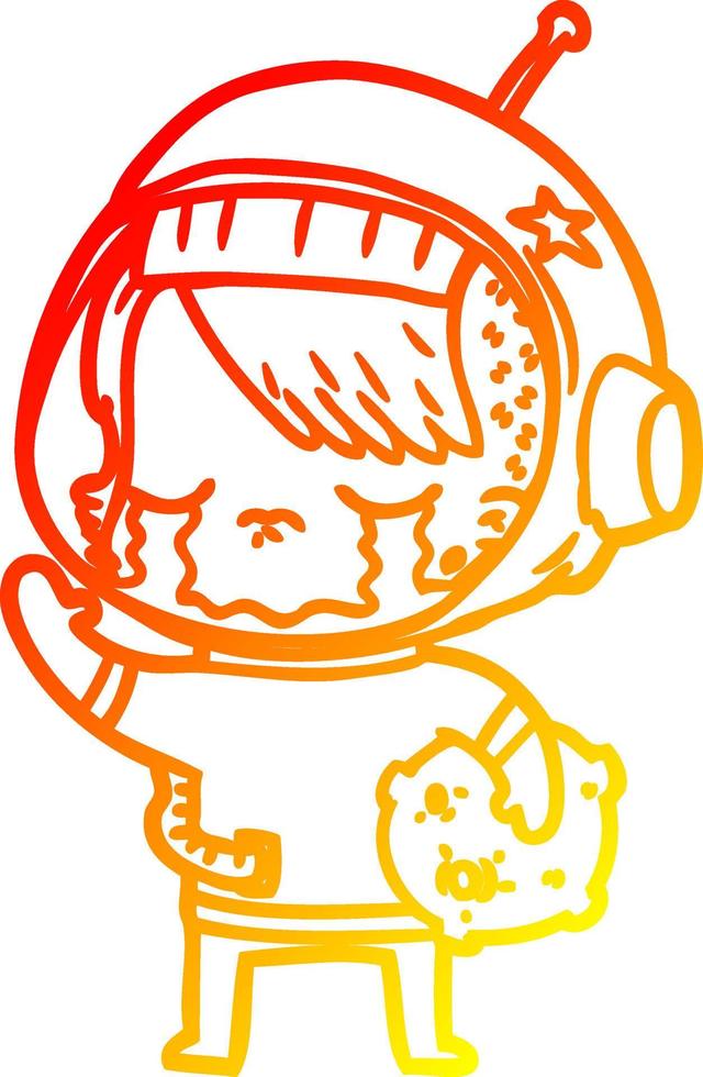 warm gradient line drawing cartoon crying astronaut girl carrying rock sample vector