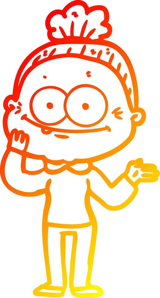 warm gradient line drawing cartoon happy old woman vector