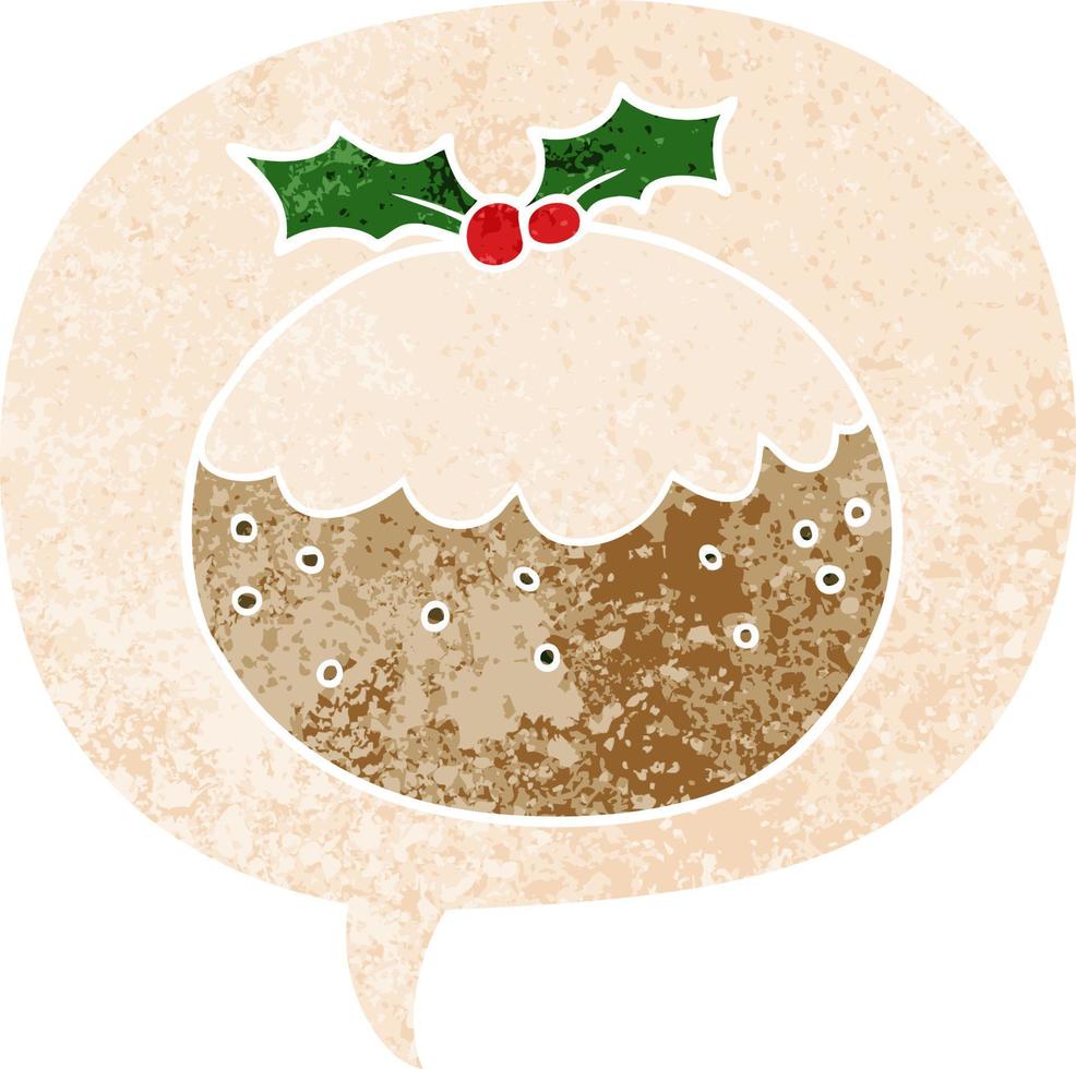 cartoon christmas pudding and speech bubble in retro textured style vector