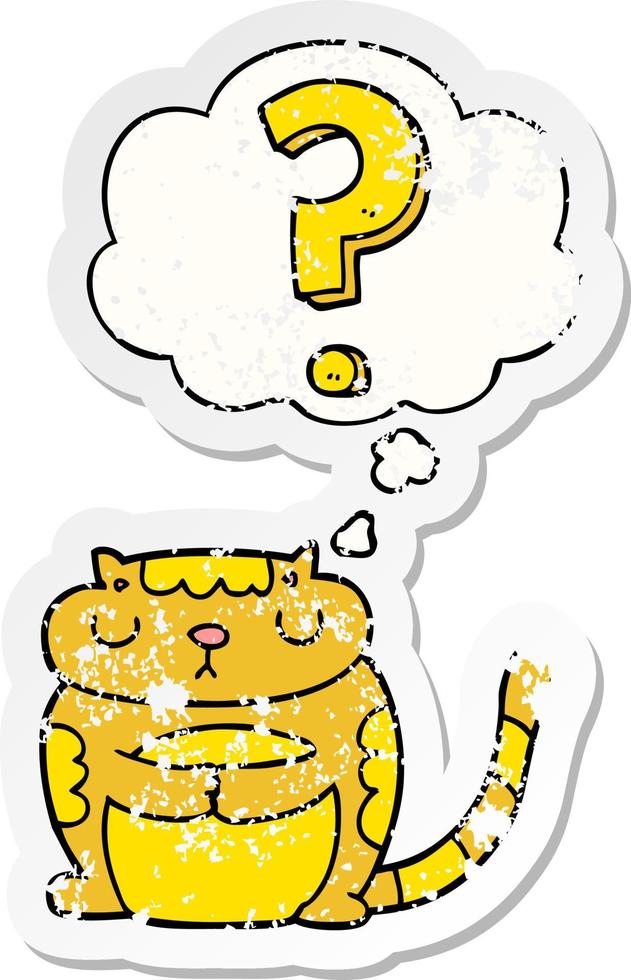 cartoon cat with question mark and thought bubble as a distressed worn sticker vector