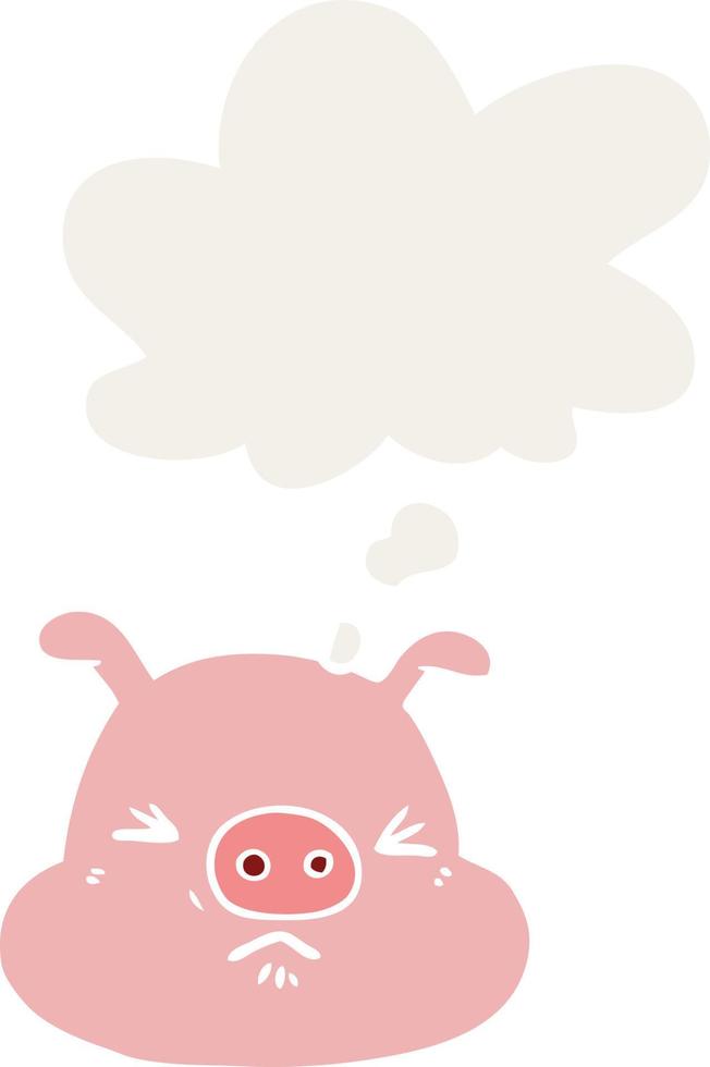 cartoon angry pig face and thought bubble in retro style vector