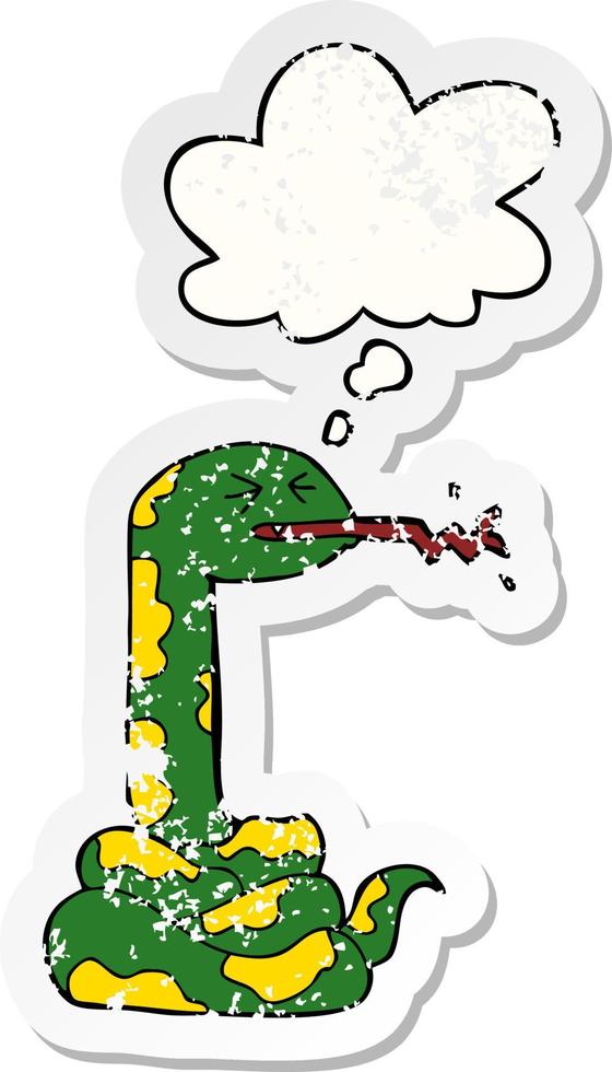 cartoon hissing snake and thought bubble as a distressed worn sticker vector