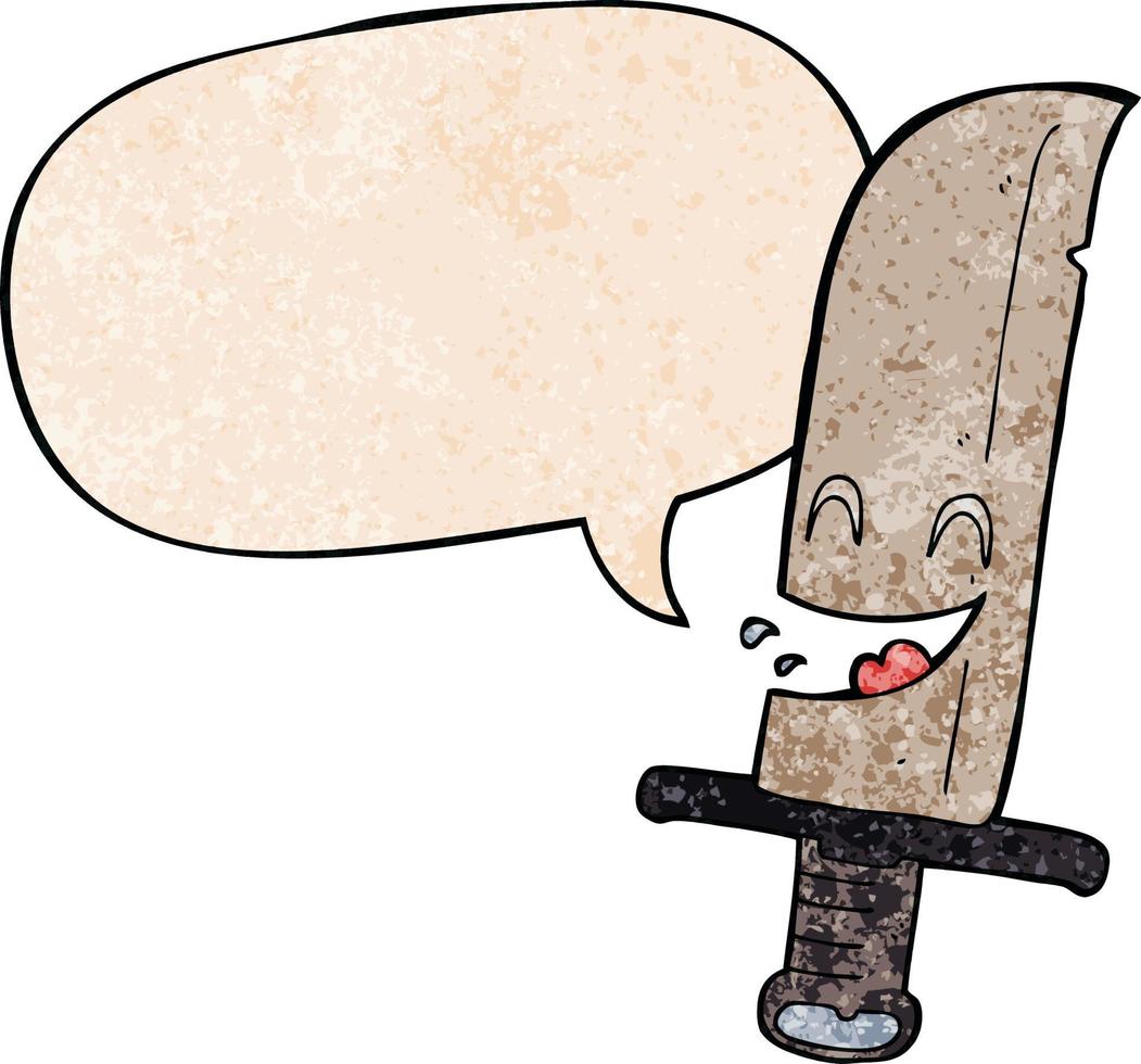 cartoon laughing knife and speech bubble in retro texture style vector