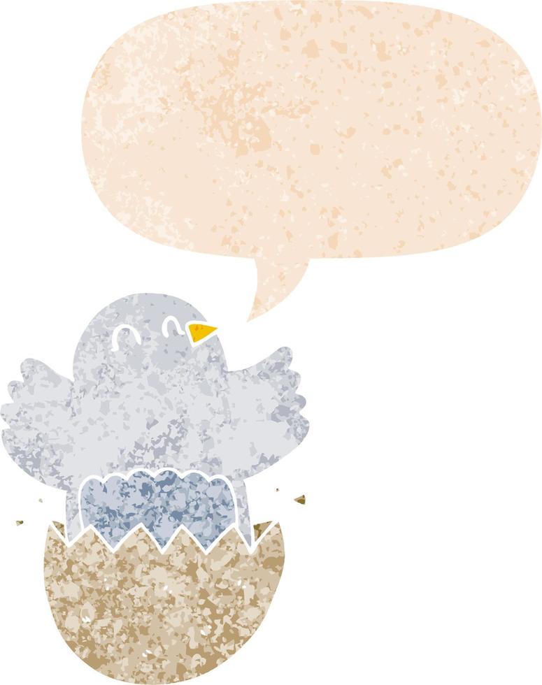 cartoon hatching chicken and speech bubble in retro textured style vector