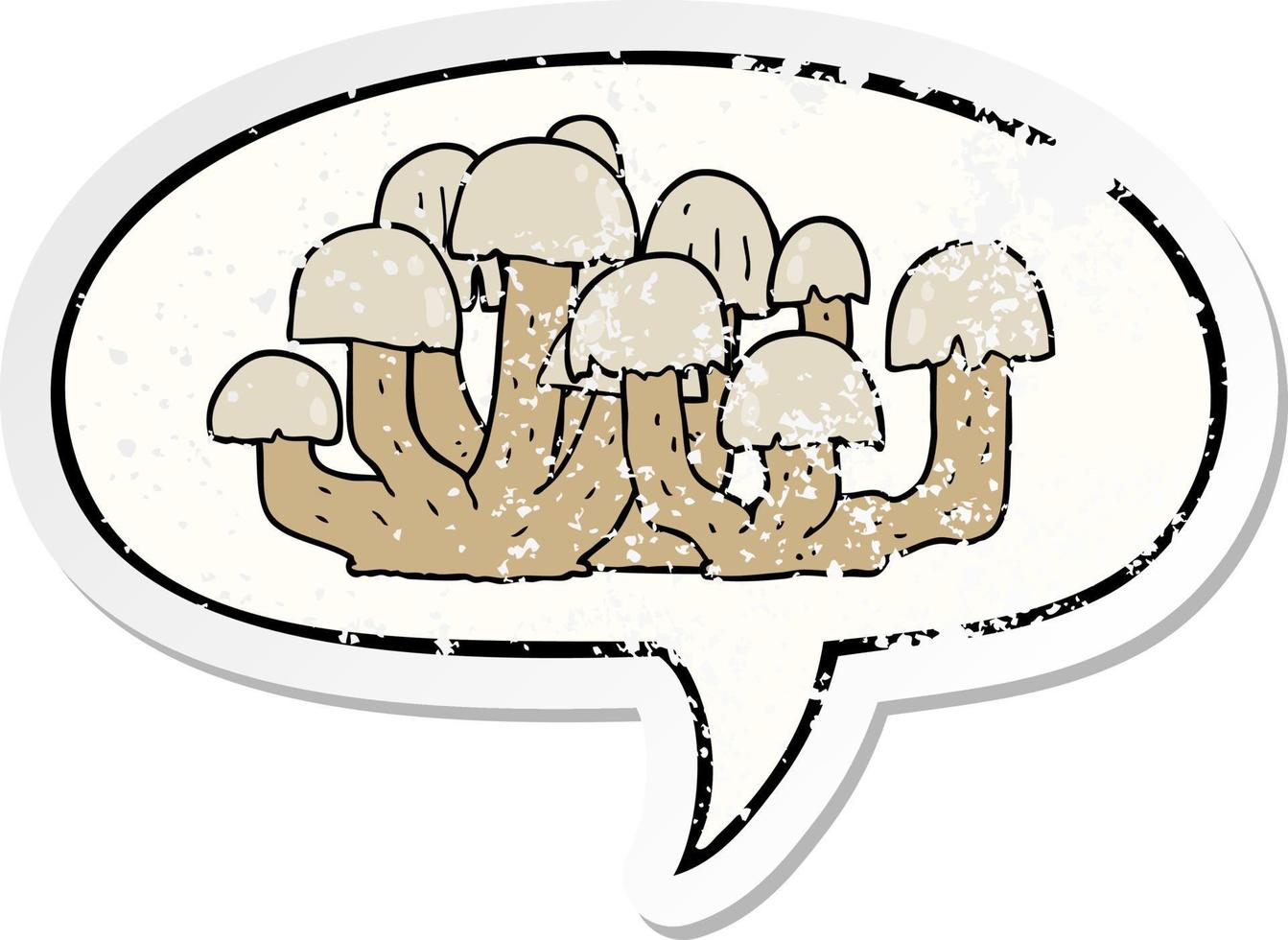 cartoon mushroom and speech bubble distressed sticker vector