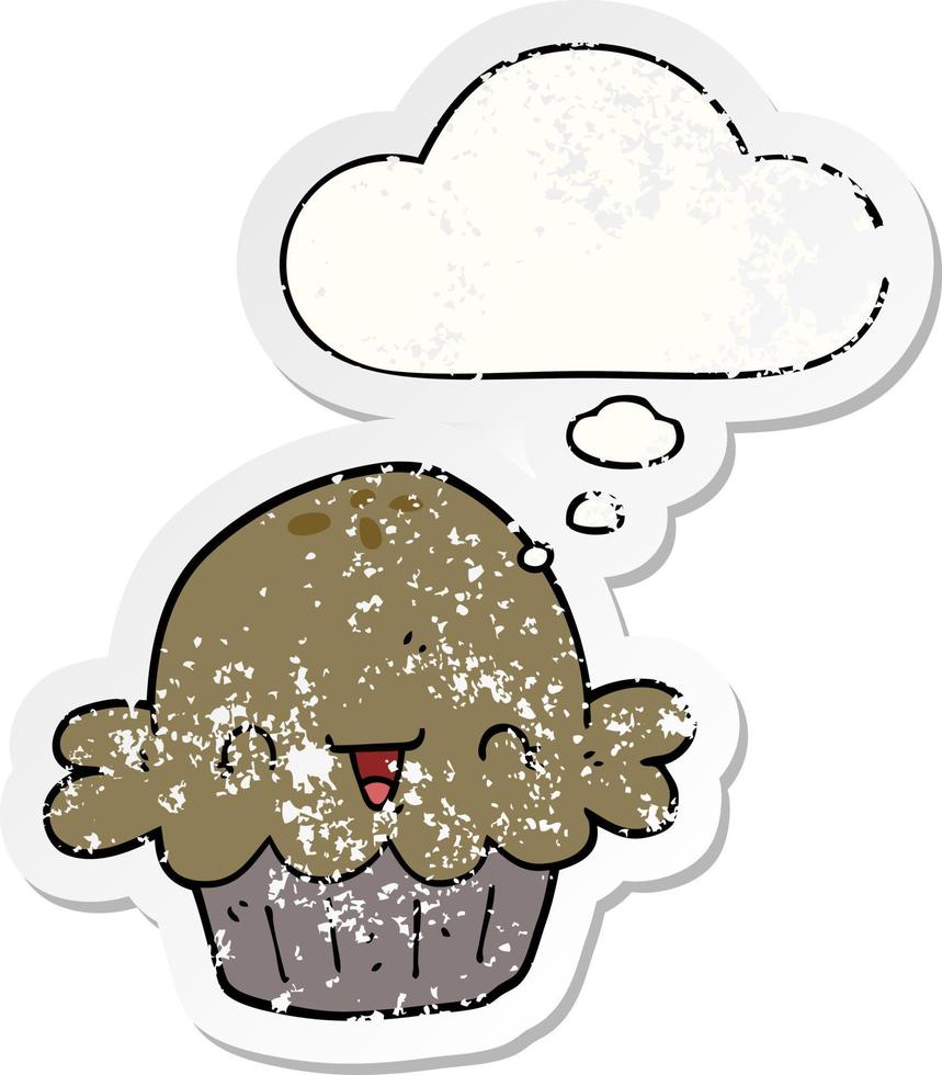 cute cartoon pie and thought bubble as a distressed worn sticker vector