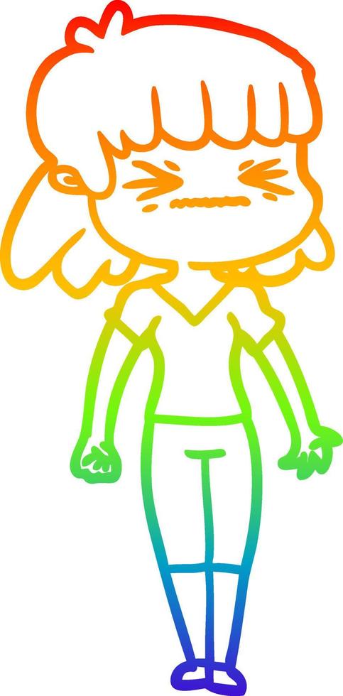 rainbow gradient line drawing cartoon angry girl vector
