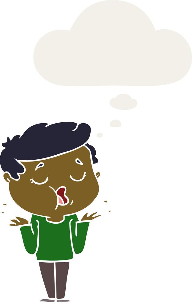 cartoon man talking and shrugging shoulders and thought bubble in retro style vector