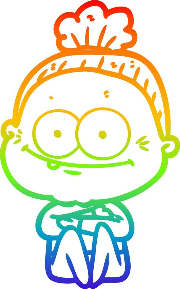 rainbow gradient line drawing cartoon happy old woman vector