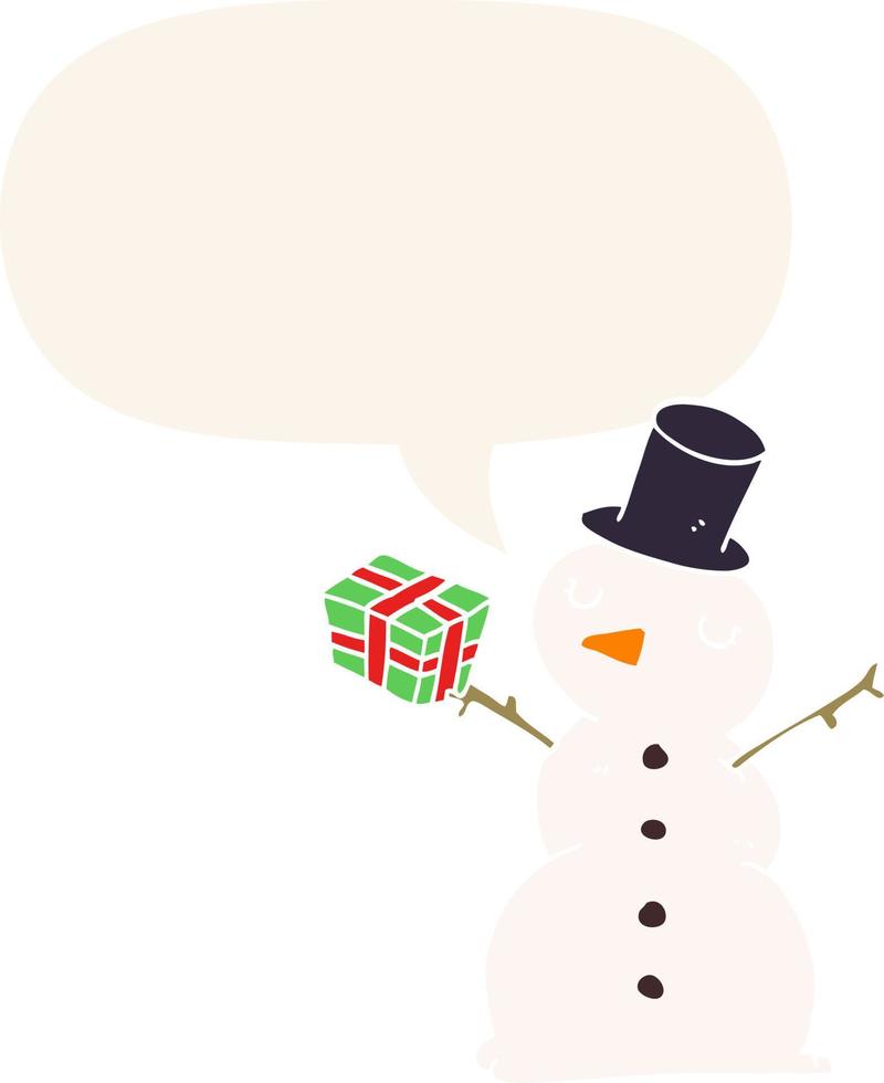 cartoon snowman and speech bubble in retro style vector