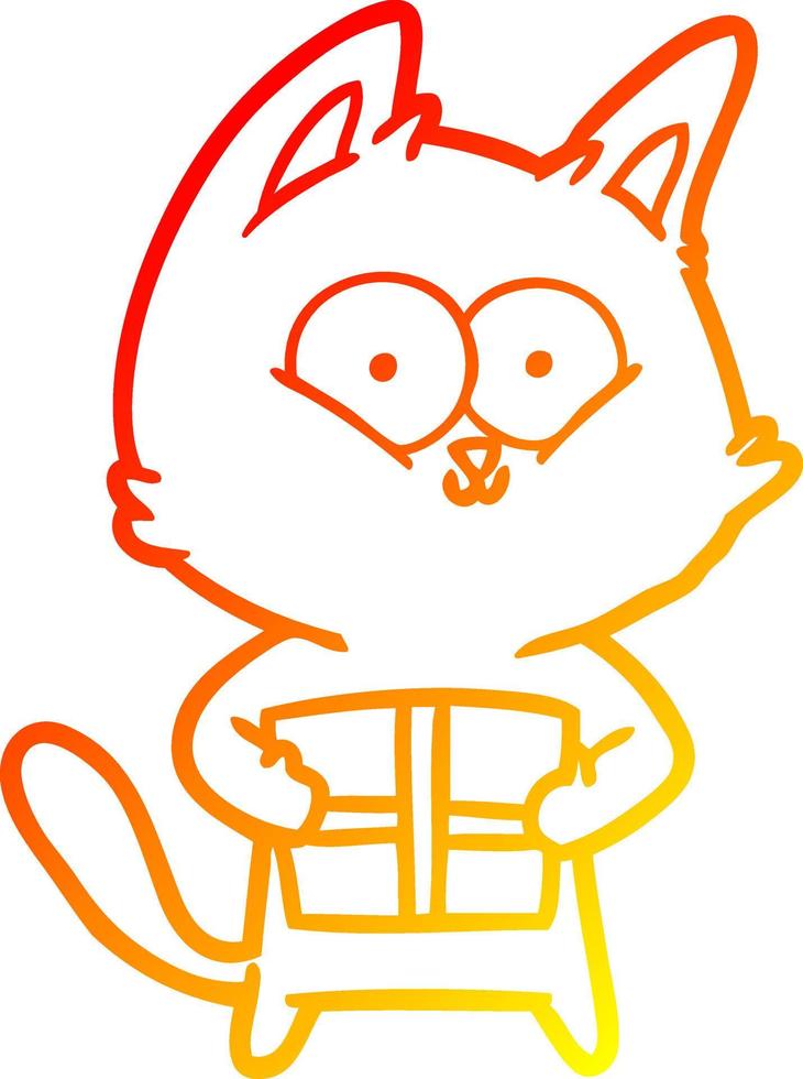 dibujo de línea de gradiente cálido gato de dibujos animados con regalo de navidad vector