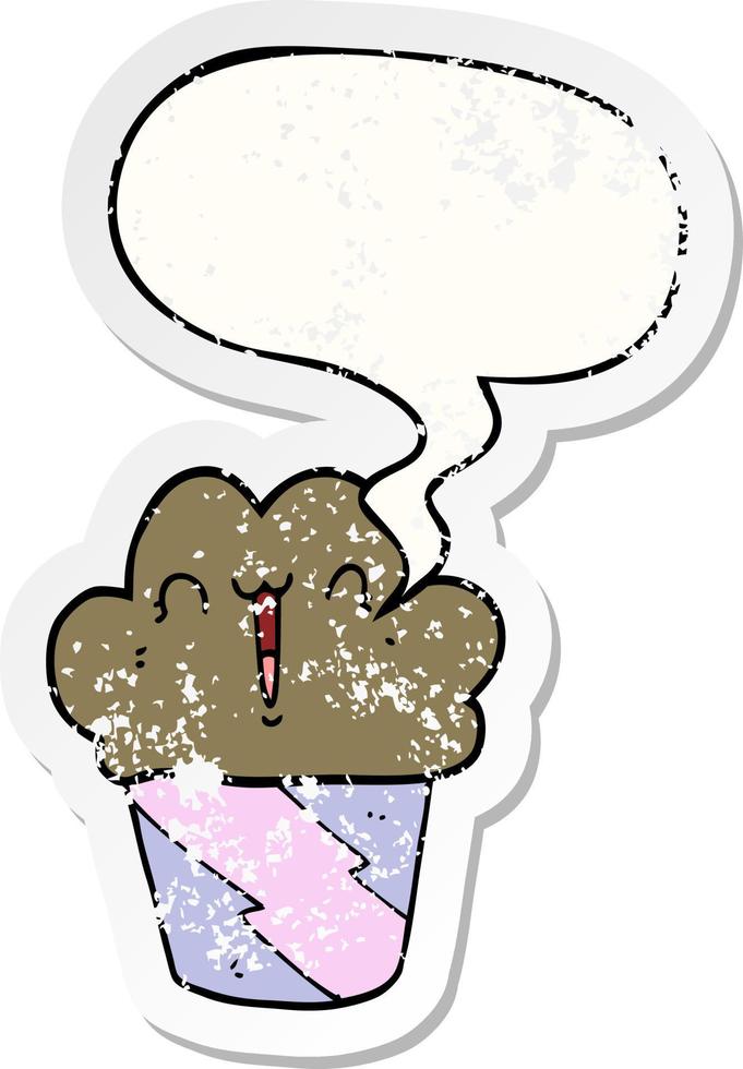 cartoon cupcake and face and speech bubble distressed sticker vector